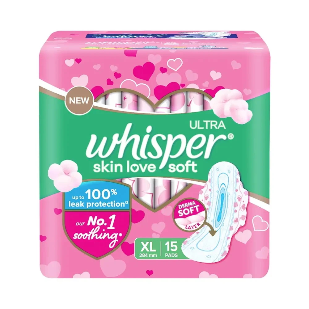 Whisper Ultra Skin Love Soft Xl 284Mm Derma Soft Layer 15 Pads