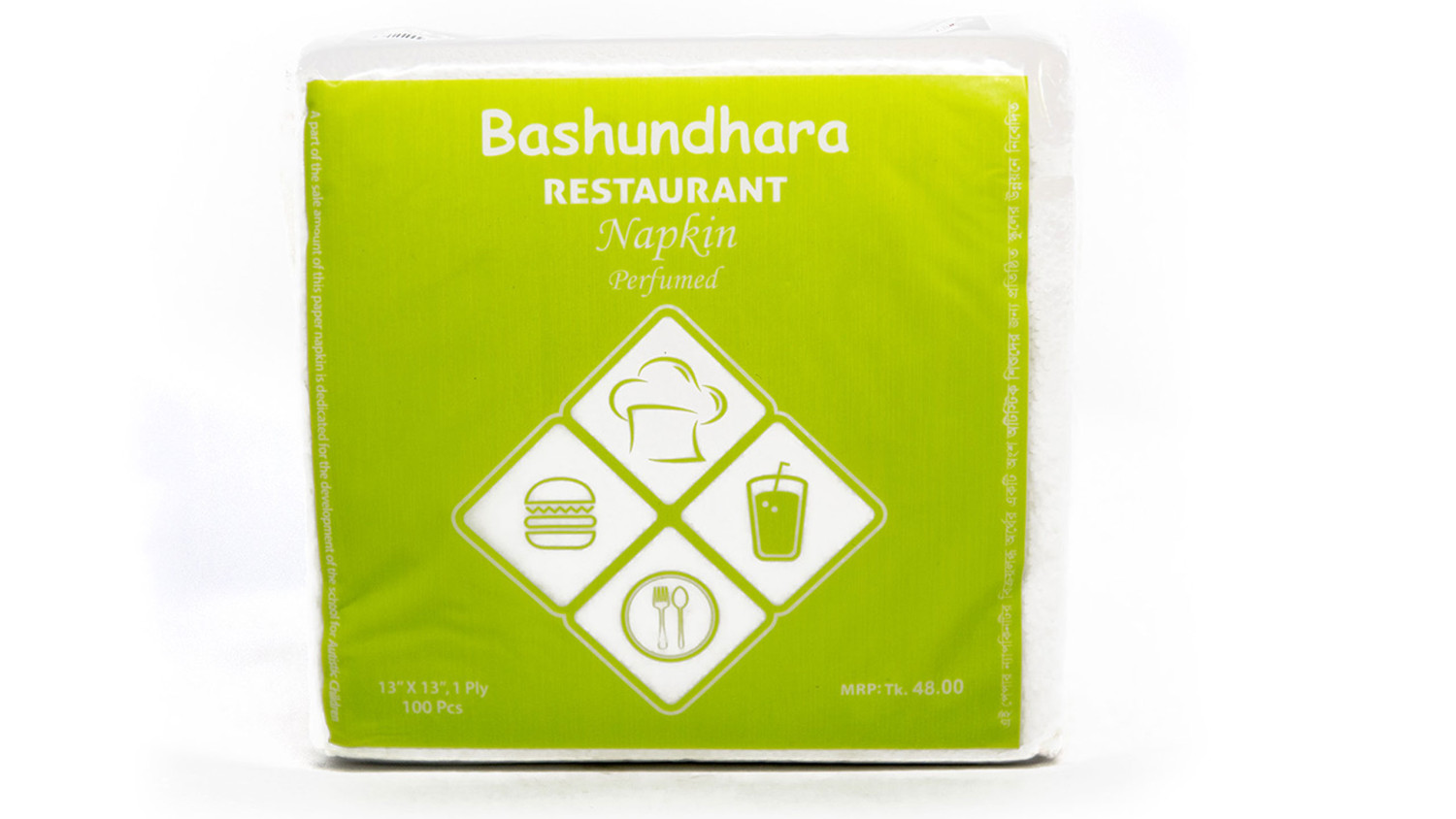 Bashundhara restaurant napkin perfumed 13" X 13", 1 ply, 100 pc